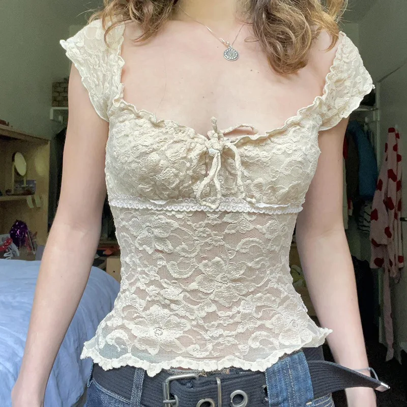 Y2K Aesthetic Lace Strappy Top - French Retro Square Collar Sexy T-shirt