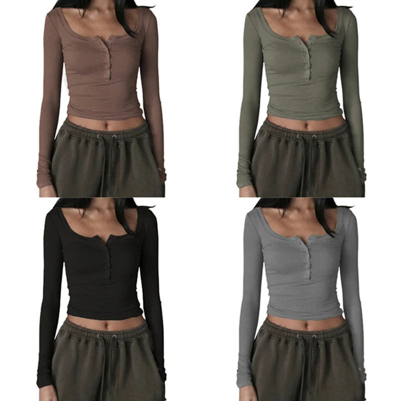 Y2K Aesthetic Long Sleeve Crop Top - Solid Color Knitted Shirt