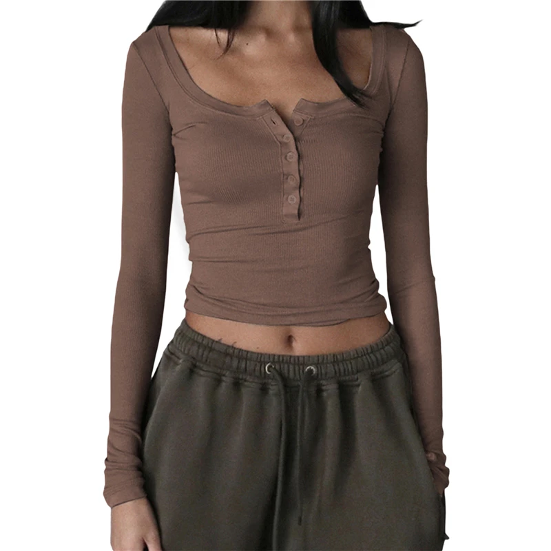 Y2K Aesthetic Long Sleeve Crop Top - Solid Color Knitted Shirt