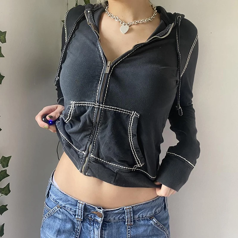 Y2K Aesthetic Long Sleeve Crop Top with Pockets & Grunge Zipper Hooded Jacket