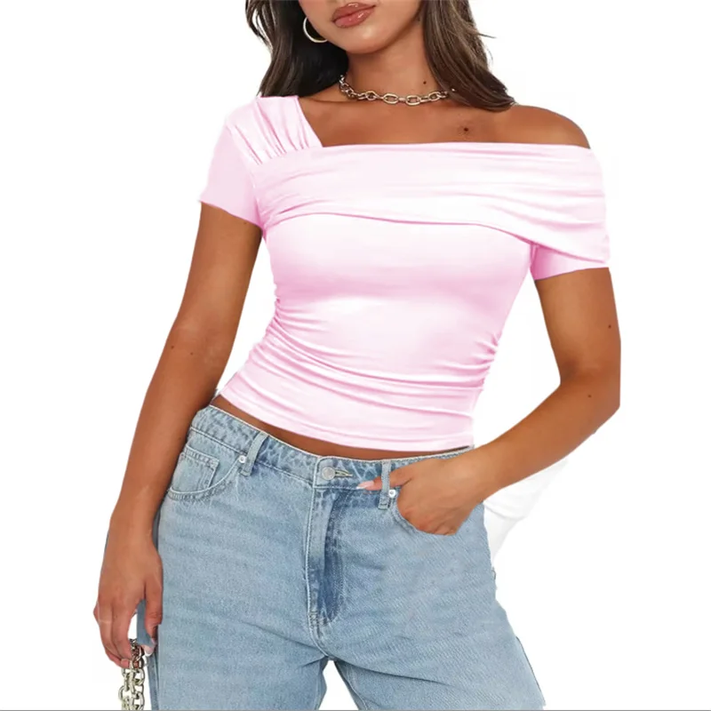 Y2K Aesthetic Oblique Shoulder Crop Top - Solid Color Sleeveless Tank