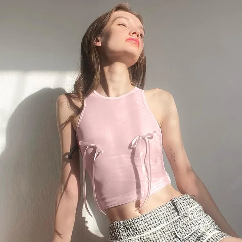 Y2K Aesthetic Pink Baby Tee: Sexy Sleeveless Bow Crop Top - Streetwear Clubwear Party Vest