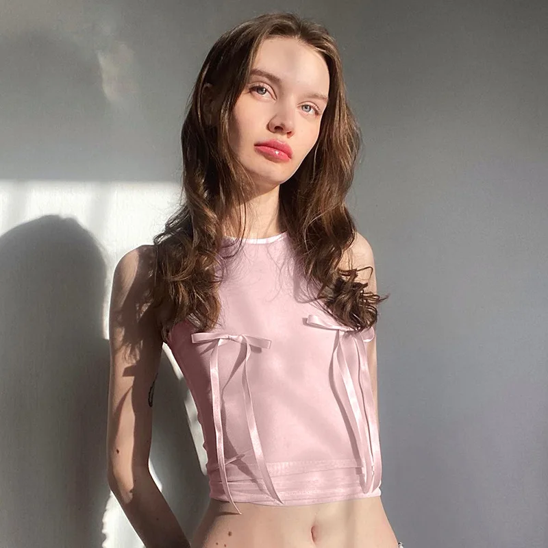 Y2K Aesthetic Pink Baby Tee: Sexy Sleeveless Bow Crop Top - Streetwear Clubwear Party Vest