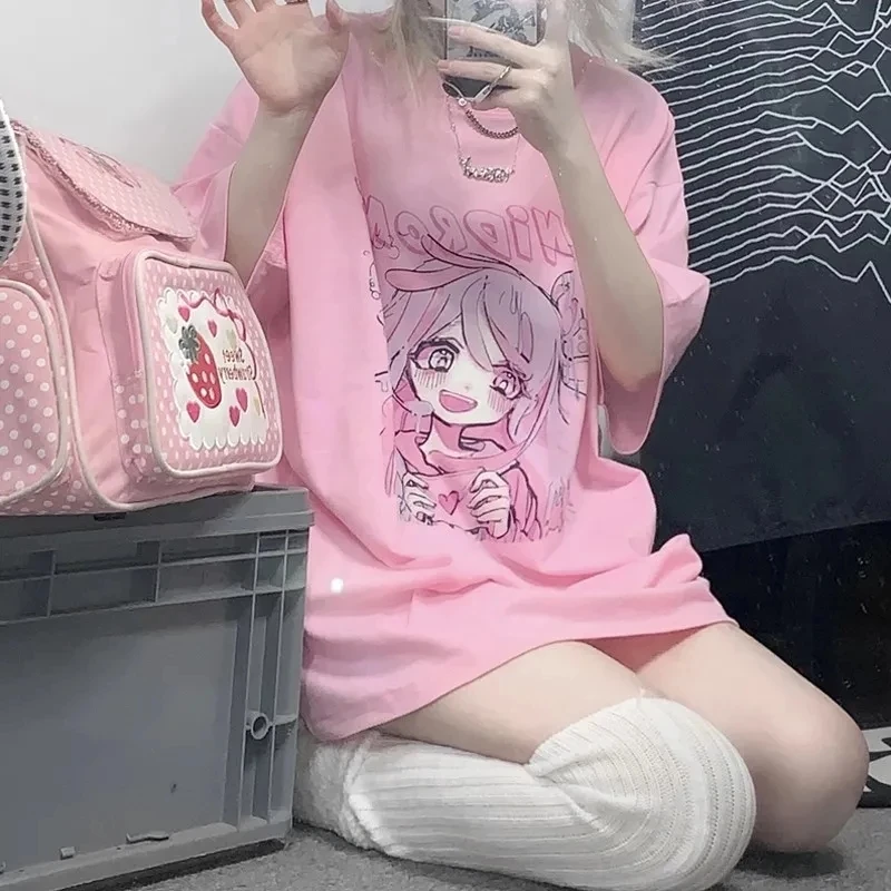 Y2K Aesthetic Pink T-shirt with Japan Anime Print - Harajuku Style