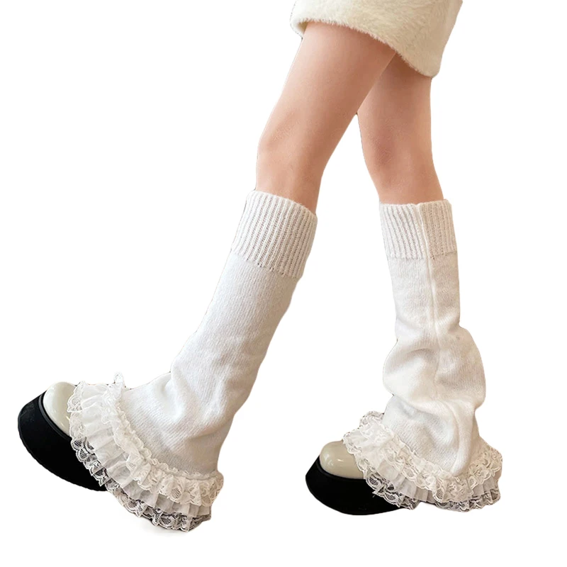 Y2K Aesthetic Ruffled Lace Leg Warmers - Harajuku Solid Color Calf Socks