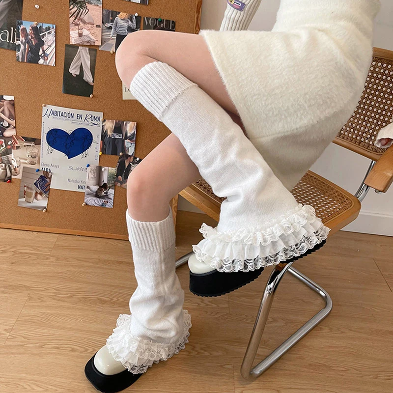 Y2K Aesthetic Ruffled Lace Leg Warmers - Harajuku Solid Color Calf Socks