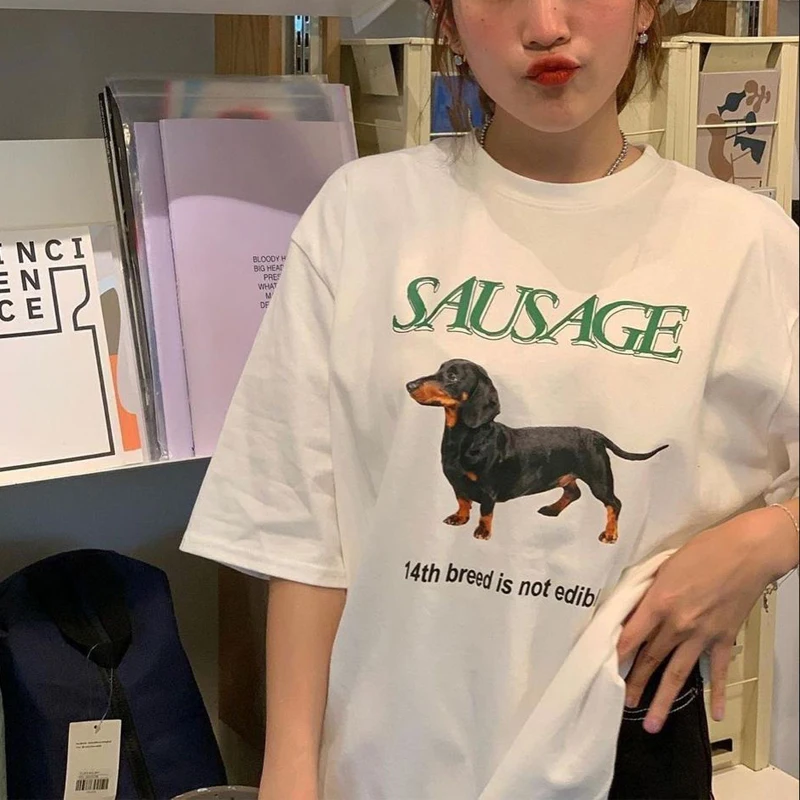 Y2K Aesthetic Sausage Dog Print T-Shirt - Oversized Korean Streetwear Top