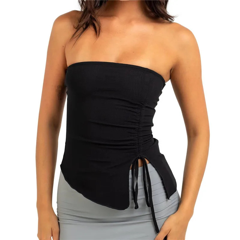 Y2K Aesthetic Side Split Tube Top - Solid Color Sleeveless Strapless Drawstring Tank