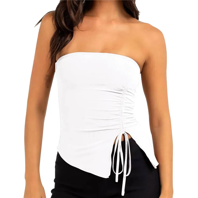 Y2K Aesthetic Side Split Tube Top - Solid Color Sleeveless Strapless Drawstring Tank