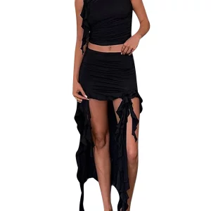 Y2K Aesthetic Sleeveless Ruffled Vest and Irregular Long Skirt Set - Summer Clubwear