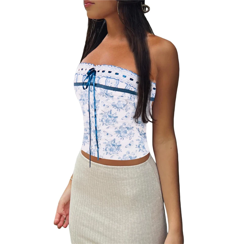 Y2K Aesthetic Strapless Tube Top: Lace Patchwork Off-Shoulder Sleeveless Vest