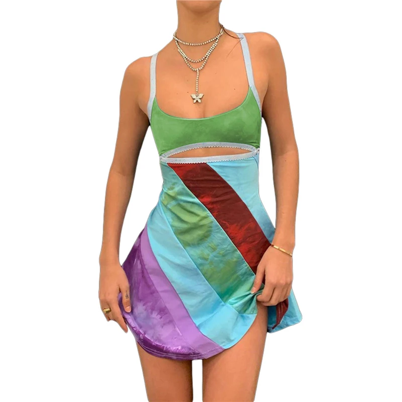 Y2K Aesthetic Striped Patchwork Cut Out Mini Dress - Fairy Grunge Streetwear