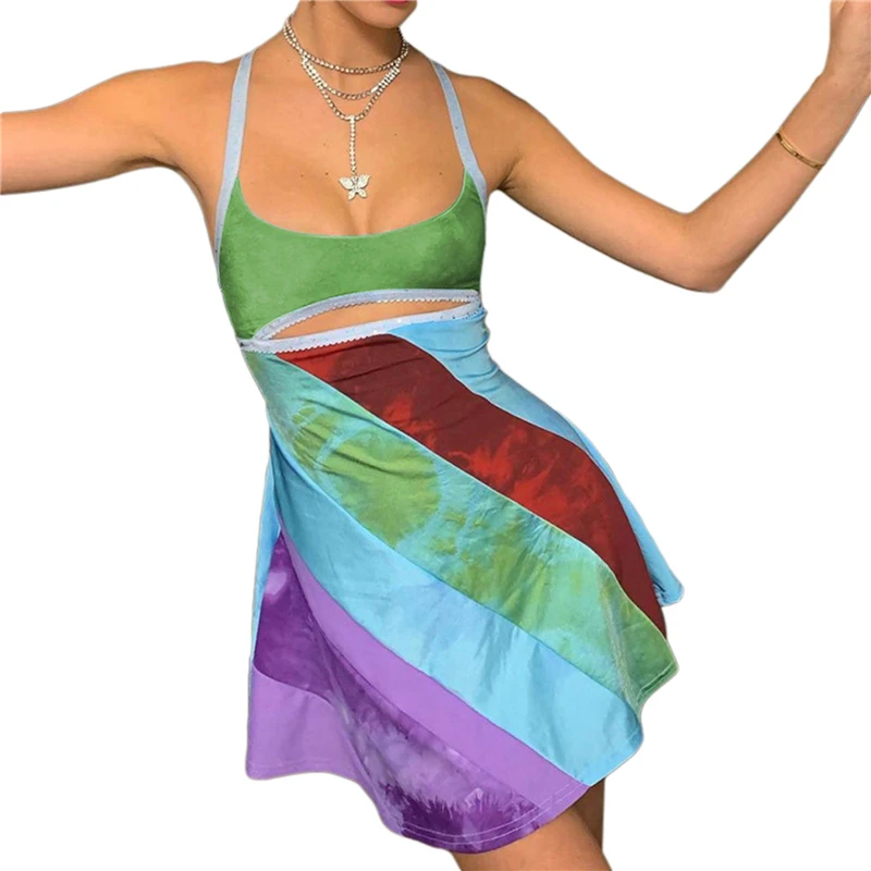 Y2K Aesthetic Striped Patchwork Cut Out Mini Dress - Fairy Grunge Streetwear