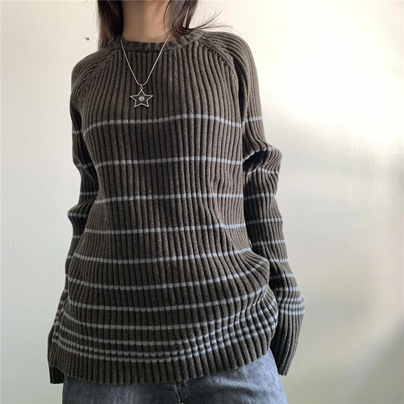 Y2K Aesthetic Striped Sweater - Fairy Grunge Long Sleeve Top