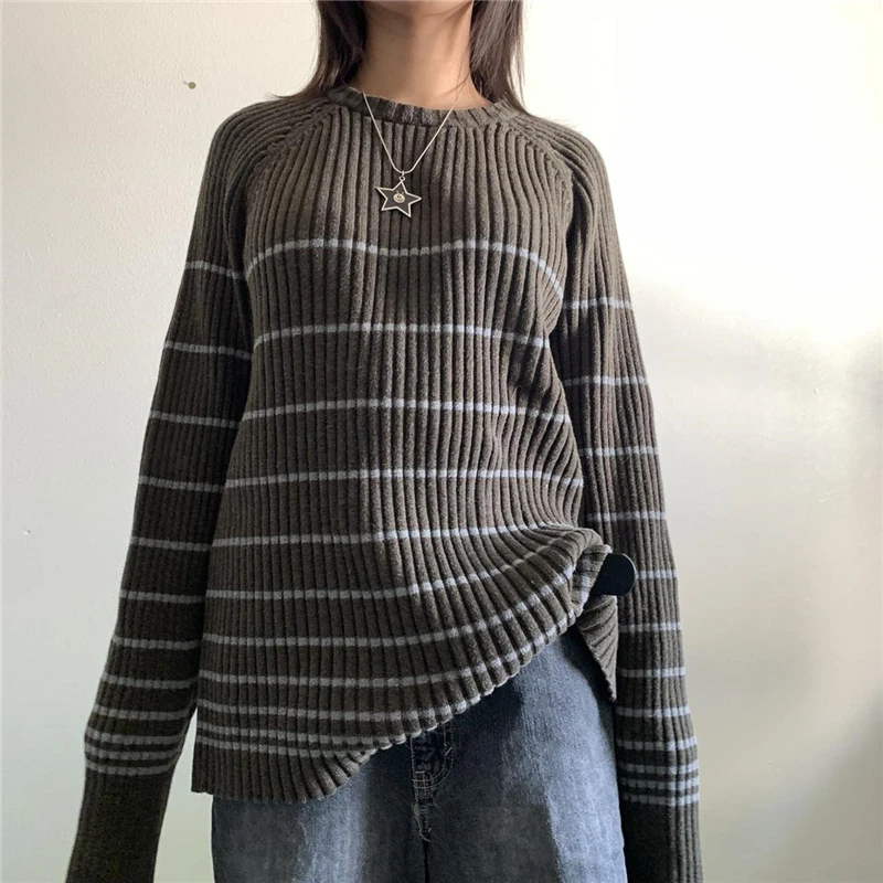 Y2K Aesthetic Striped Sweater - Fairy Grunge Long Sleeve Top