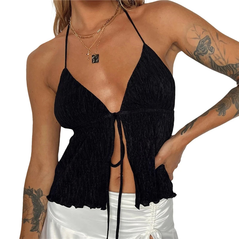 Y2K Aesthetic Summer Crop Top: Solid Color Spaghetti Strap Lace-Up Tank