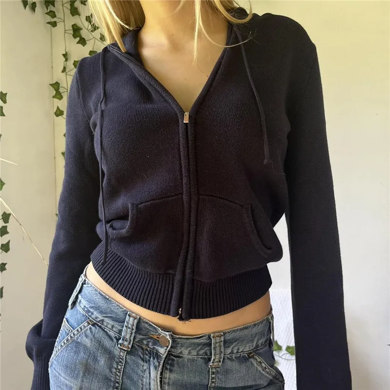 Y2K Aesthetic Sweater: Solid Color Zipper Knitted Crop Top Hoodie