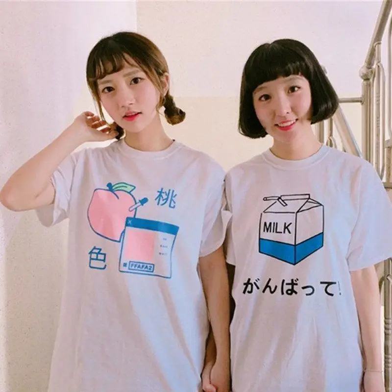 Y2K Aesthetic T-shirt Milk Cartoon Sweet Girls Peach Print Tops Tees - Kawaii Ulzzang Harajuku