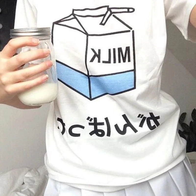 Y2K Aesthetic T-shirt Milk Cartoon Sweet Girls Peach Print Tops Tees - Kawaii Ulzzang Harajuku