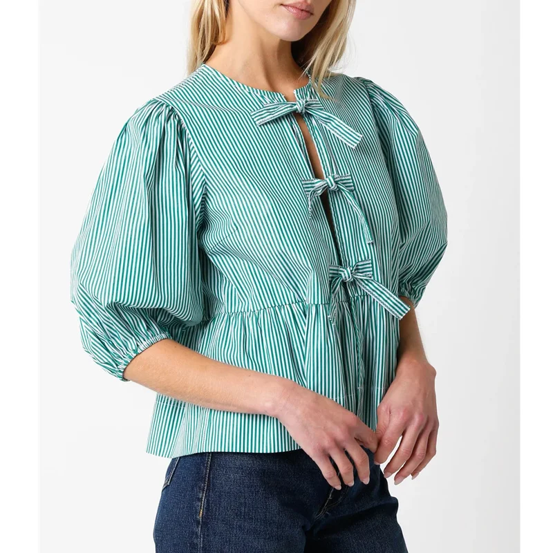 Y2K Aesthetic Tie-Up Cardigan Blouse - Puff Sleeve Shirt for Women