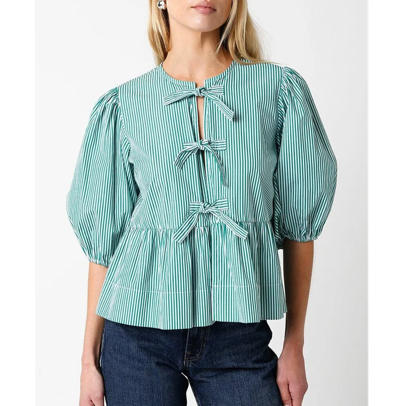 Y2K Aesthetic Tie-Up Cardigan Blouse - Puff Sleeve Shirt for Women