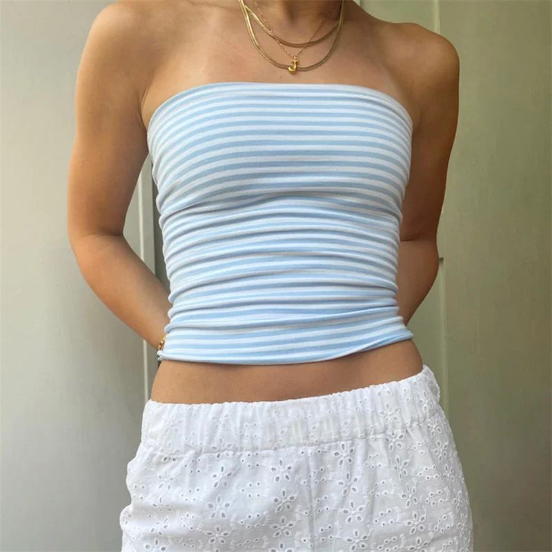 Y2K Aesthetic Tube Top: Grunge Stripe Solid Color Off Shoulder Strapless Tank