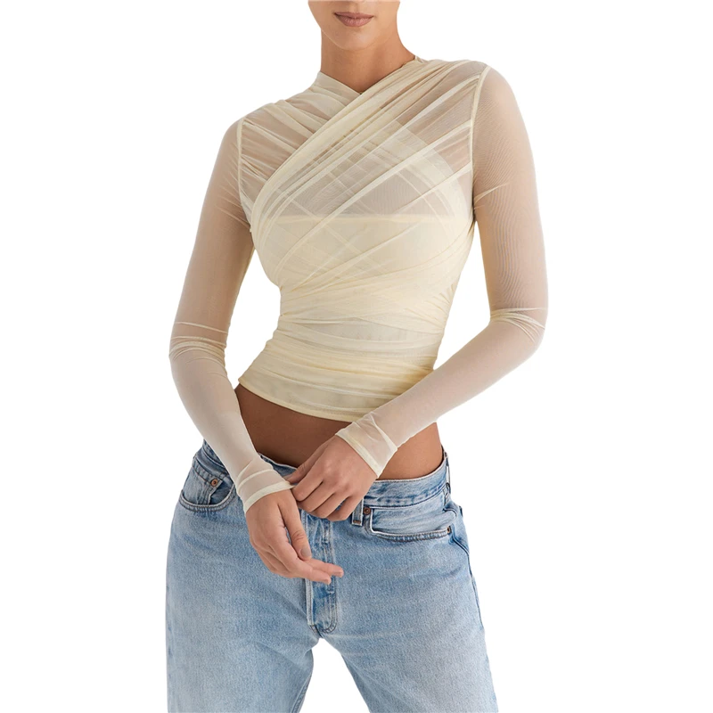 Y2K Aesthetic Tulle Pleated Crop Top - Solid Color Long Sleeve Streetwear