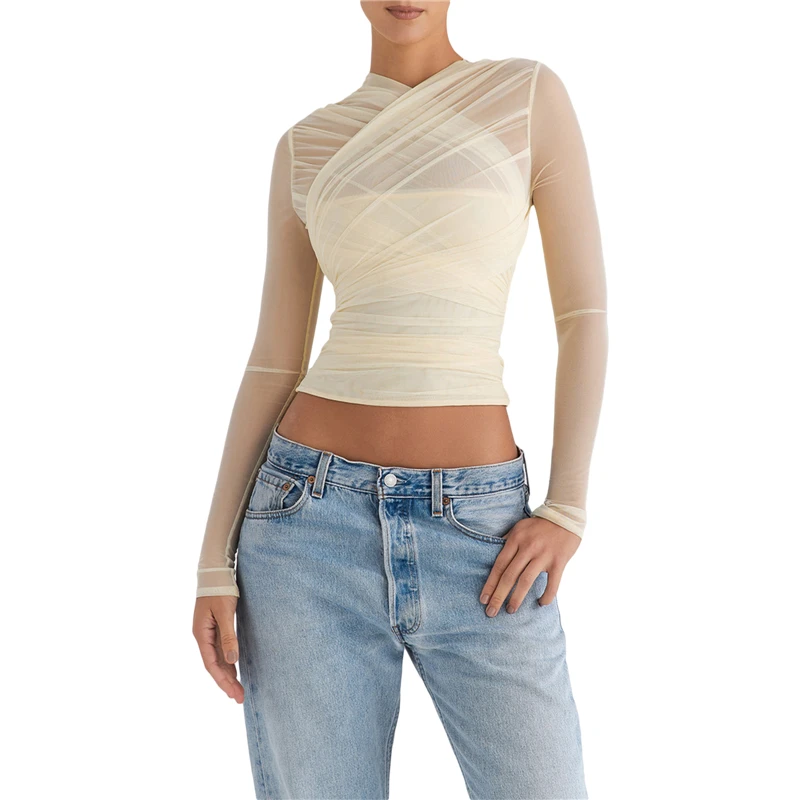 Y2K Aesthetic Tulle Pleated Crop Top - Solid Color Long Sleeve Streetwear