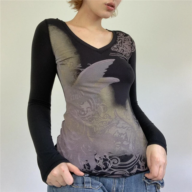 Y2K Aesthetic Vintage Graphic Tee - Fairy Grunge V-Neck Long Sleeve Top