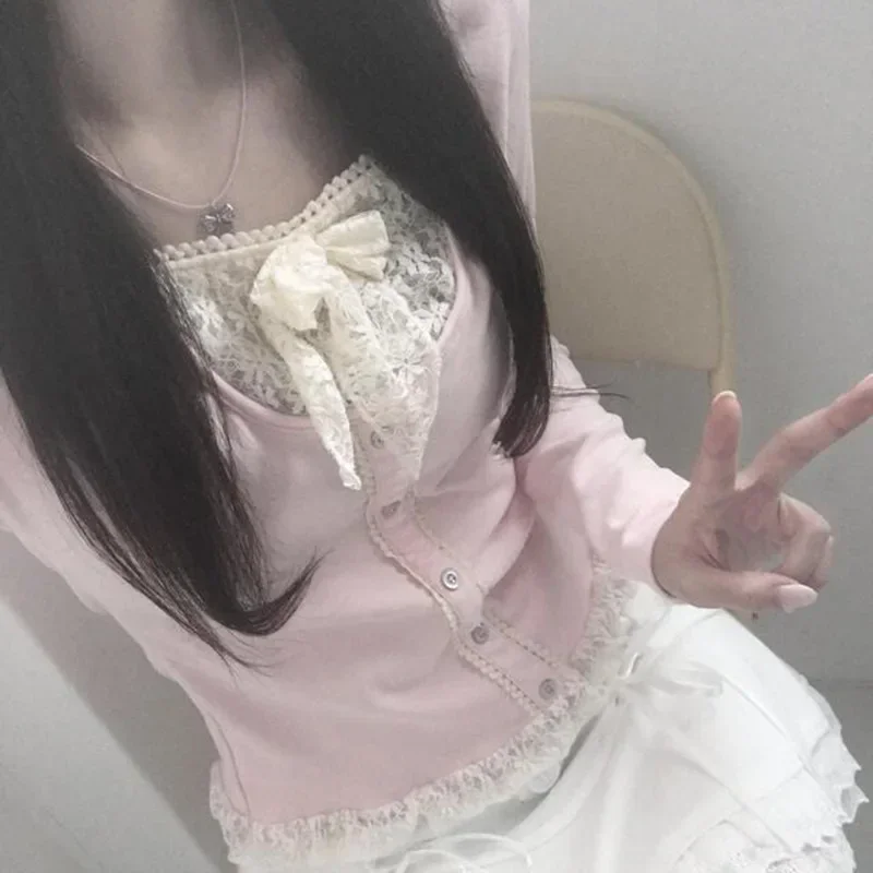 Y2K Aesthetic Vintage Lace Crop Top - Pink Square Collar T-shirt