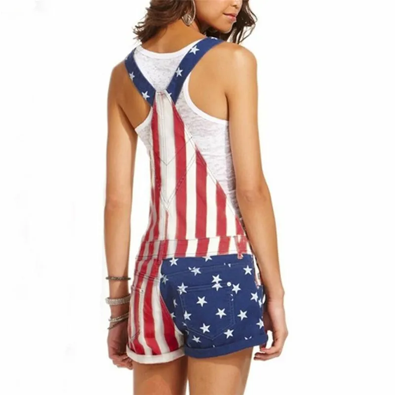 Y2K American Flag Denim Overall Shorts - Adjustable Straps Side Pockets