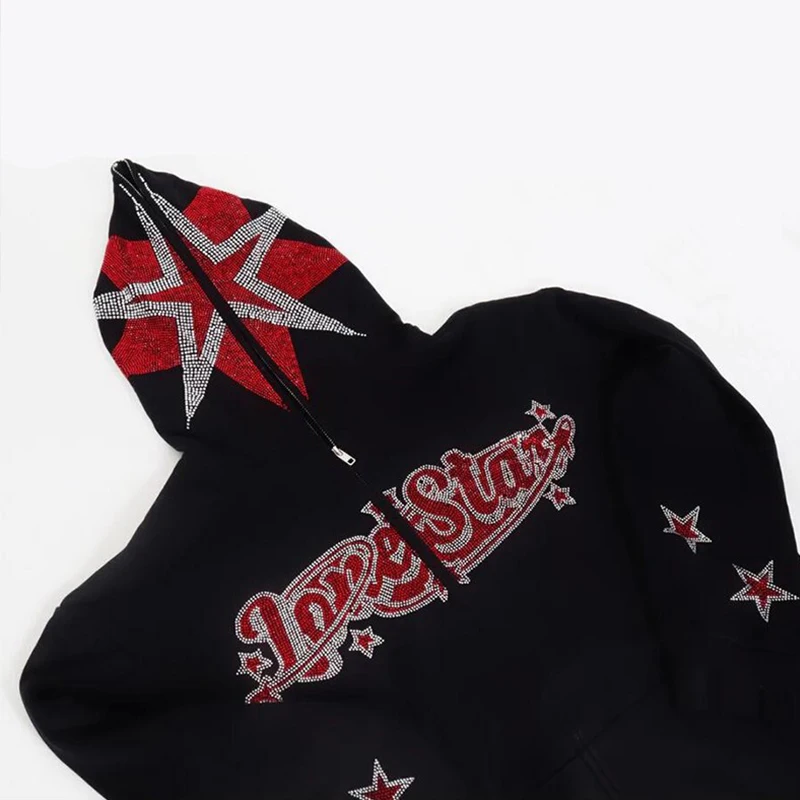 Y2K American Star Rhinestone Hooded Sweater - Gothic Zipper Cardigan