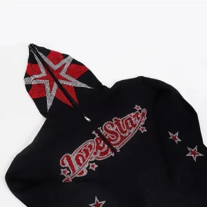 Y2K American Star Rhinestone Hooded Sweater - Gothic Zipper Cardigan