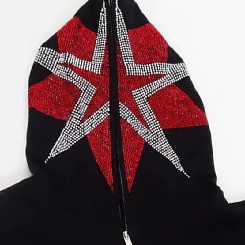 Y2K American Star Rhinestone Hooded Sweater - Gothic Zipper Cardigan