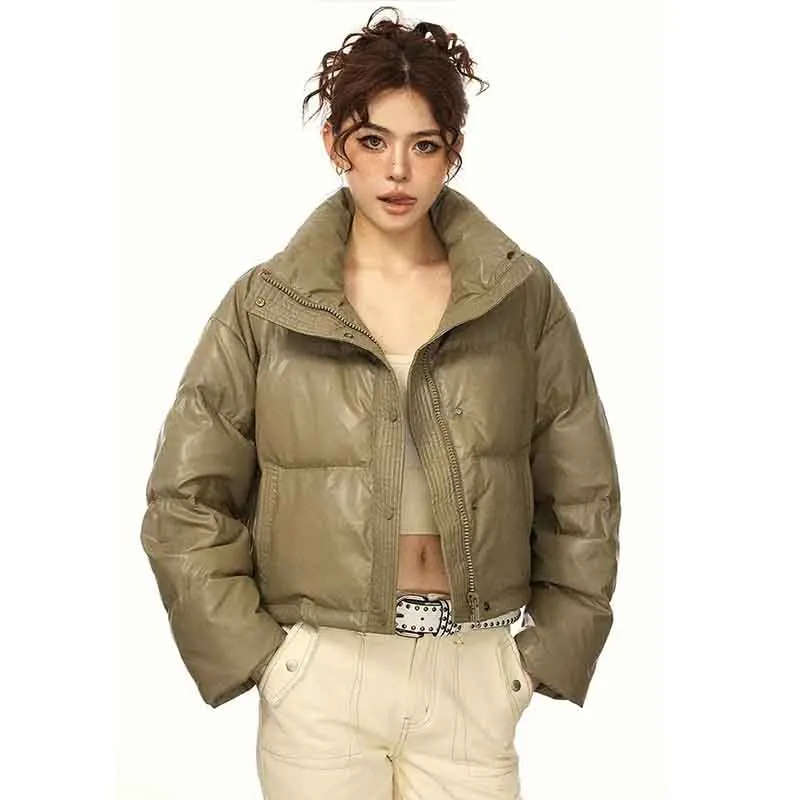 Y2K American Streetwear Puffy Crop Parka - Women's Fashion Faux Pu Biker Jacket