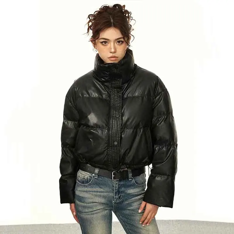 Y2K American Streetwear Puffy Crop Parka - Women's Fashion Faux Pu Biker Jacket