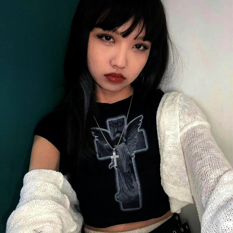 Y2k Angel Graphic Gothic Black Fairy T-shirt - E-girl Aesthetics Streetwear Crop Top