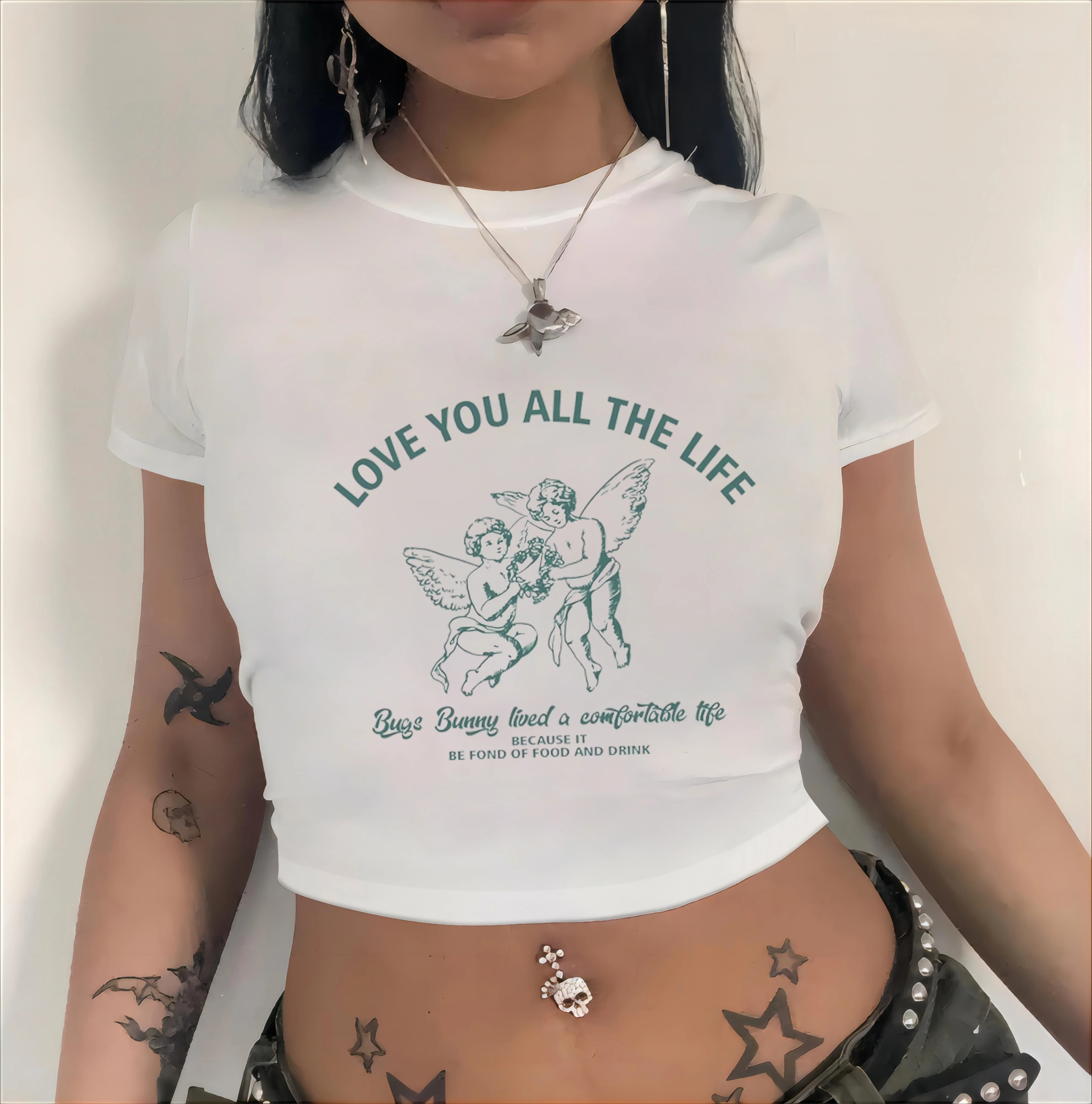 Y2K Angel Print Graphic Crop Top - Retro Summer Women's Fashion