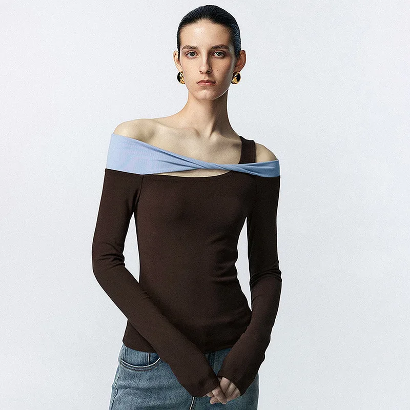 Y2K Asymmetric Off-Shoulder Top - Contrast Color Knit T-shirt