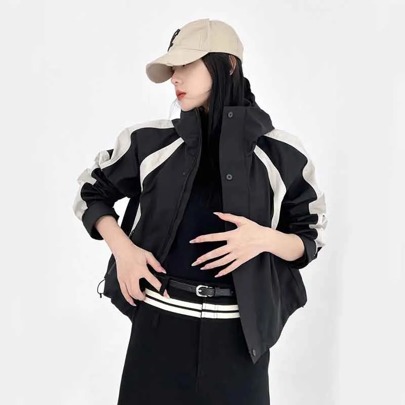 Y2K Autumn Black Splicing Coat - Korean Winter Bomber Jacket