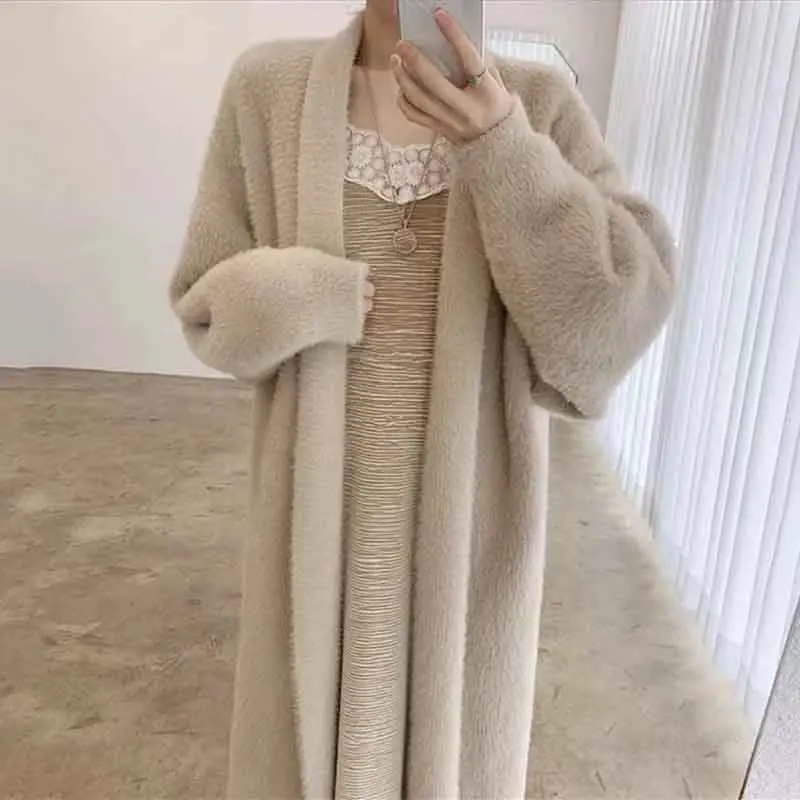 Y2k Autumn Knit Long Cardigan Sweaters - Korean Elegant Baggy V Neck Hairy Tops