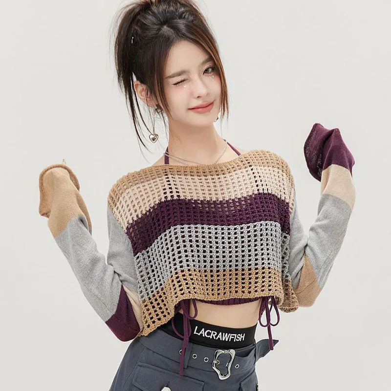 Y2K Autumn Knitted Two Piece Sets - Sexy Hollow Out Crop Pullover & Patchwork Slash Neck Sweater