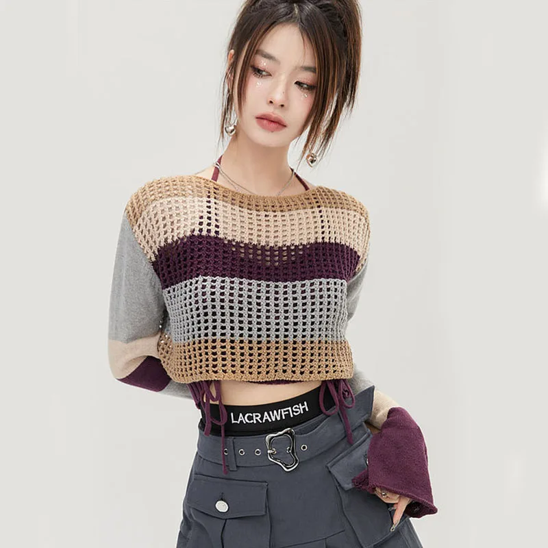 Y2K Autumn Knitted Two Piece Sets - Sexy Hollow Out Crop Pullover & Patchwork Slash Neck Sweater