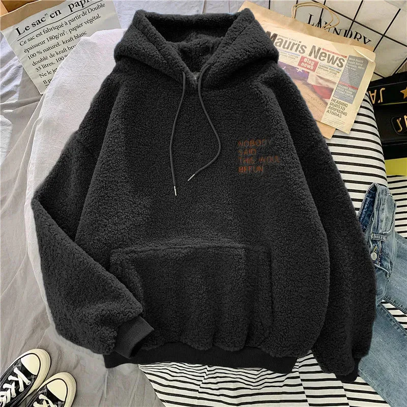 Y2K Autumn Letter Embroidery Hoodie - Winter Fleece Warm Sweatshirt