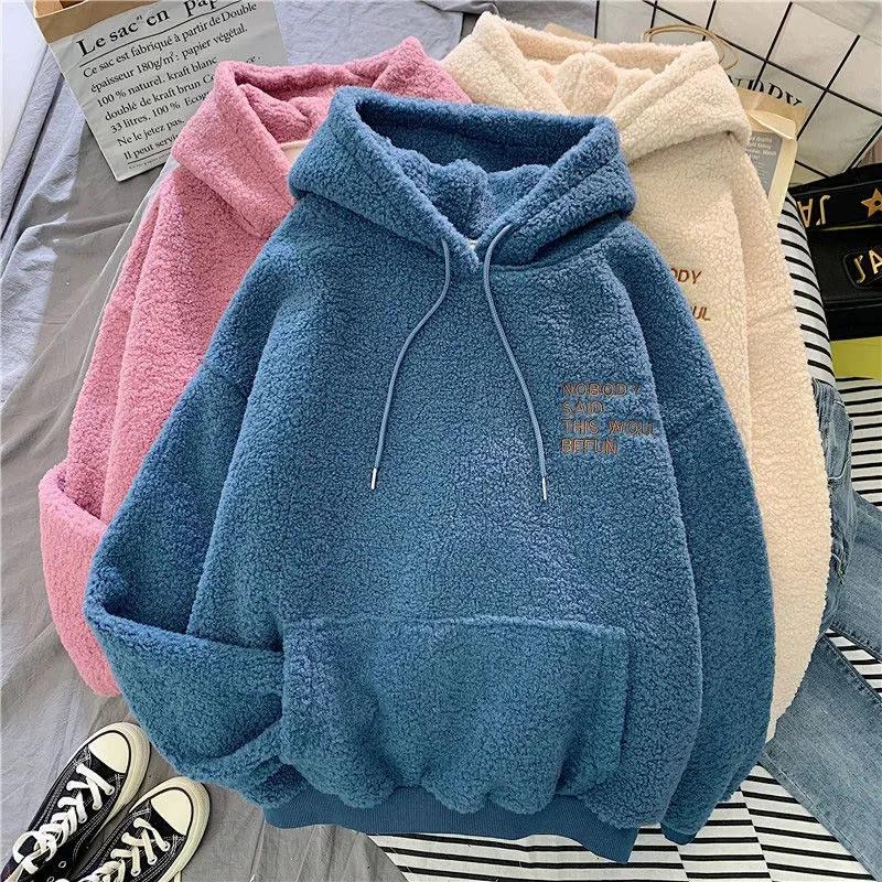 Y2K Autumn Letter Embroidery Hoodie - Winter Fleece Warm Sweatshirt