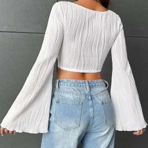 Y2K Autumn Long Sleeve Textured Crop Top for Women - Solid Color Slim Fit Tee