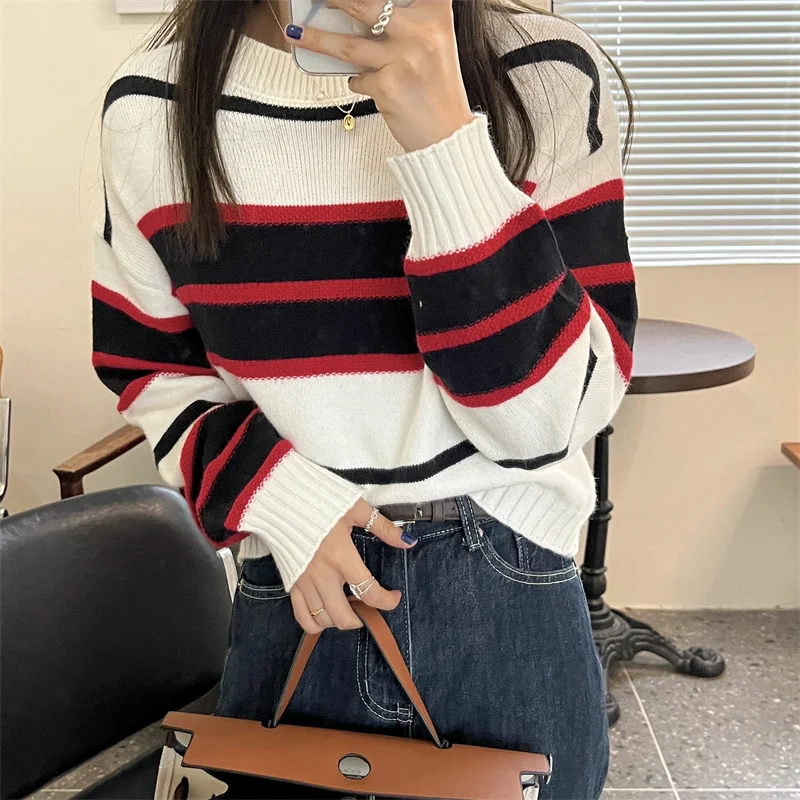 Y2K Autumn Stripe Sweater - Loose Casual Pullover for Women - Korean Fashion Knit - Fall Clothing