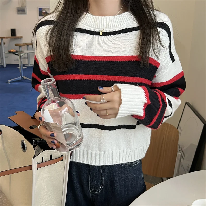 Y2K Autumn Stripe Sweater - Loose Casual Pullover for Women - Korean Fashion Knit - Fall Clothing