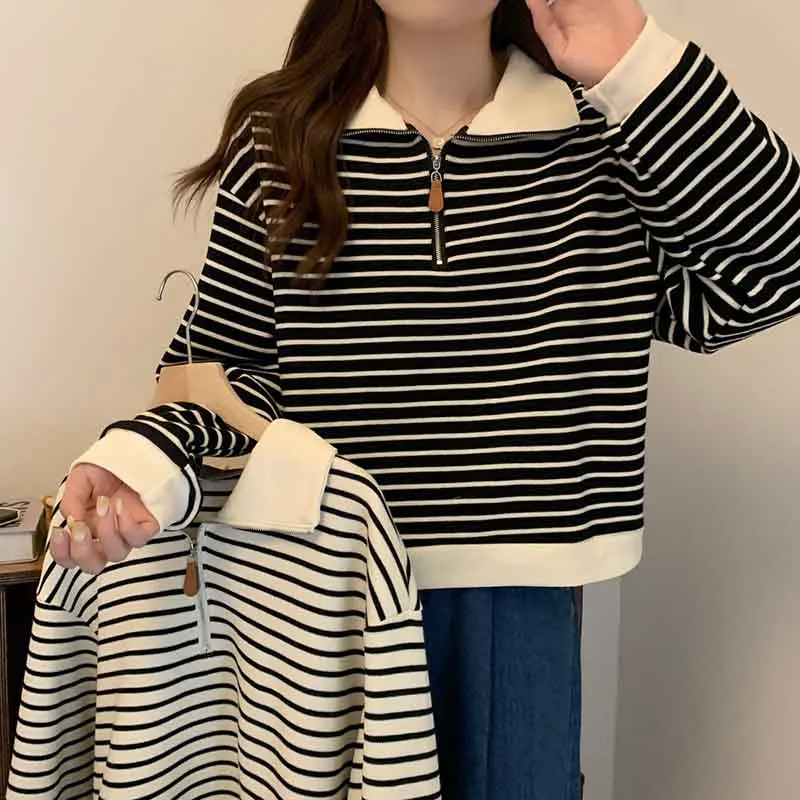 Y2K Autumn Stripe Zipper Pullover - Loose Fit Soft Long Sleeve Top