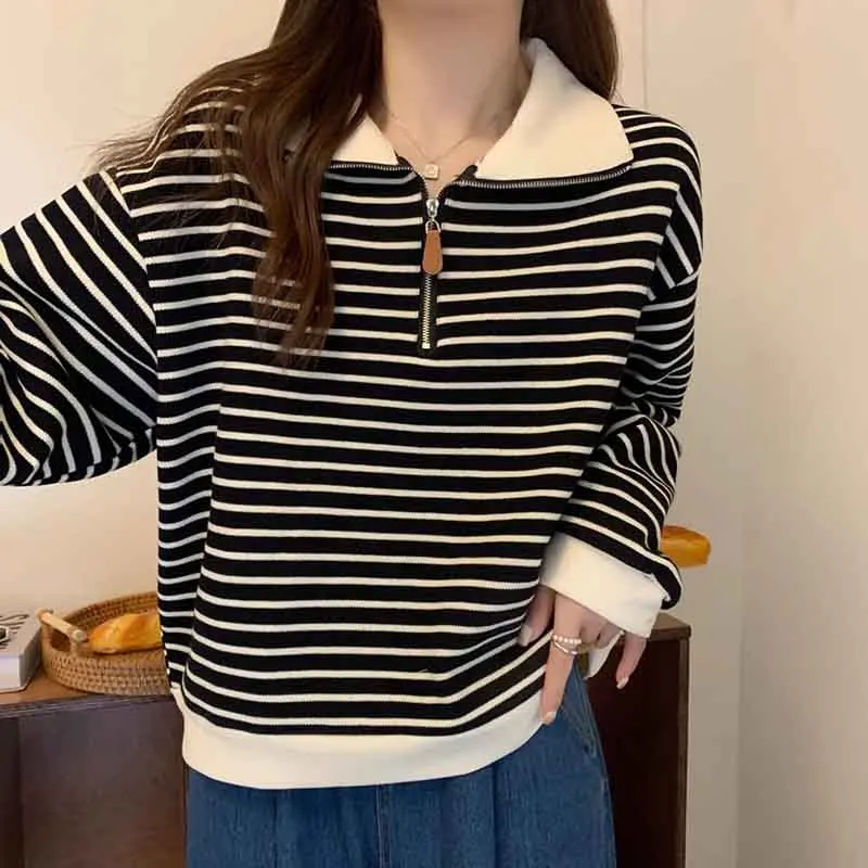 Y2K Autumn Stripe Zipper Pullover - Loose Fit Soft Long Sleeve Top